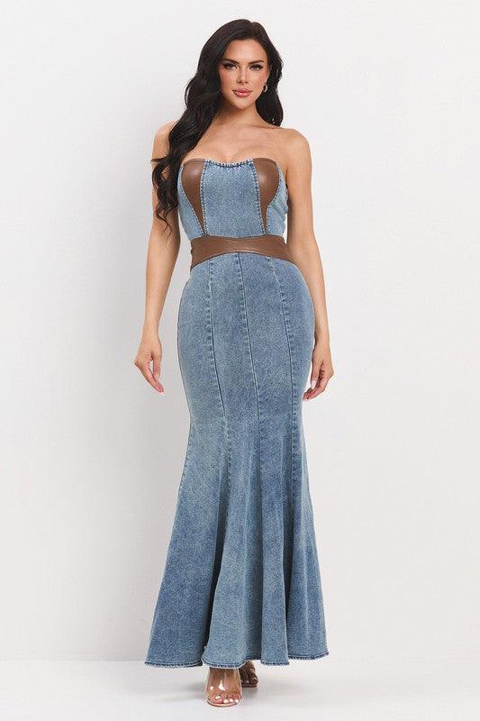 LEATHER MIX DENIM MERMAID DRESS – PRIVILEGE