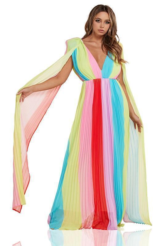 rainbow pleated maxi dress Maxi Dress Pleated Rainbow Dress Beaded Prom Gowns, Rainbow Ombre Evening From