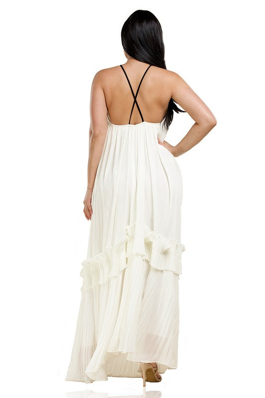 White Pleated Flower and Bow Detail Maxi Dress - PRIVILEGE 