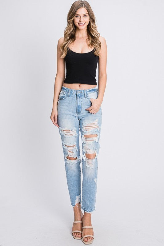 DISTRESSED HIGH WAISTED RIGID MOM JEANS - PRIVILEGE 