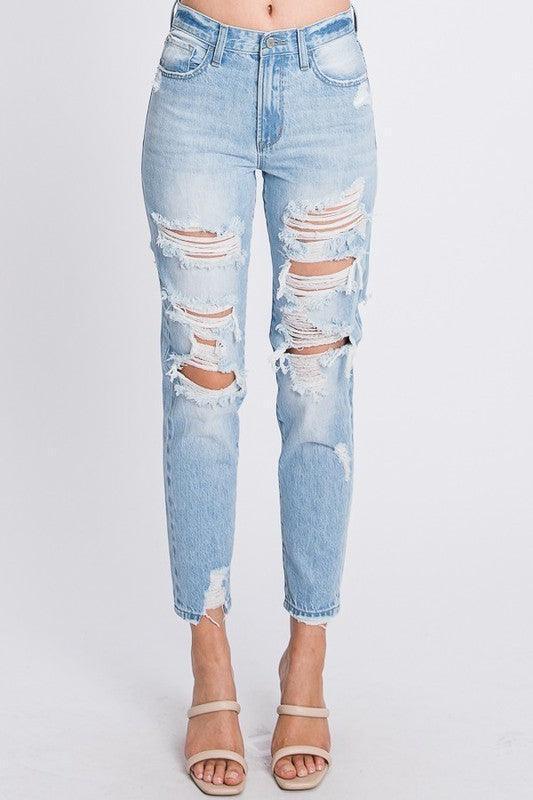 DISTRESSED HIGH WAISTED RIGID MOM JEANS - PRIVILEGE