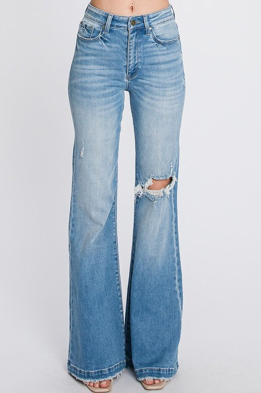 DISTRESSED SUPER HIGH RISE 70'S INSPIRED FLARE JEANS - PRIVILEGE 