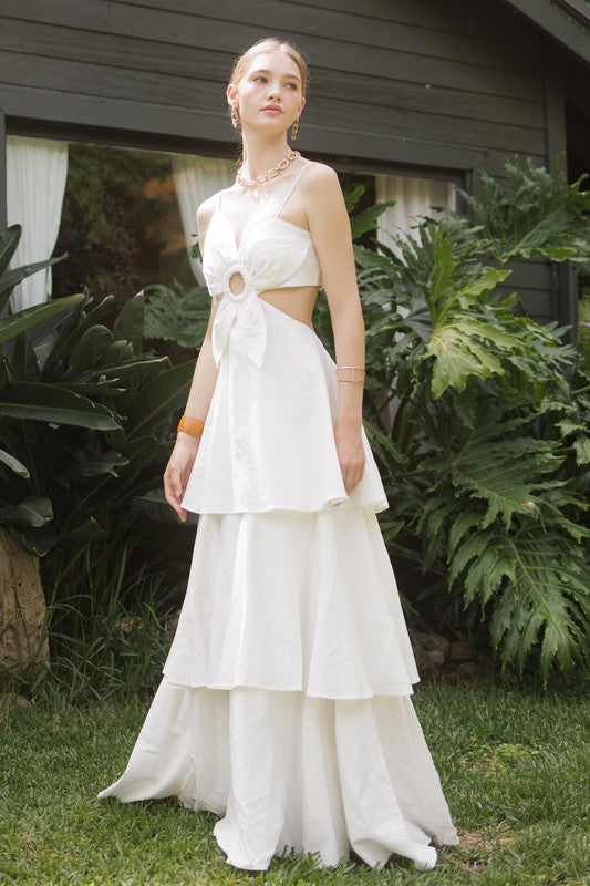 Floral Cut out Tiered Cotton Linen Maxi Dress - PRIVILEGE 