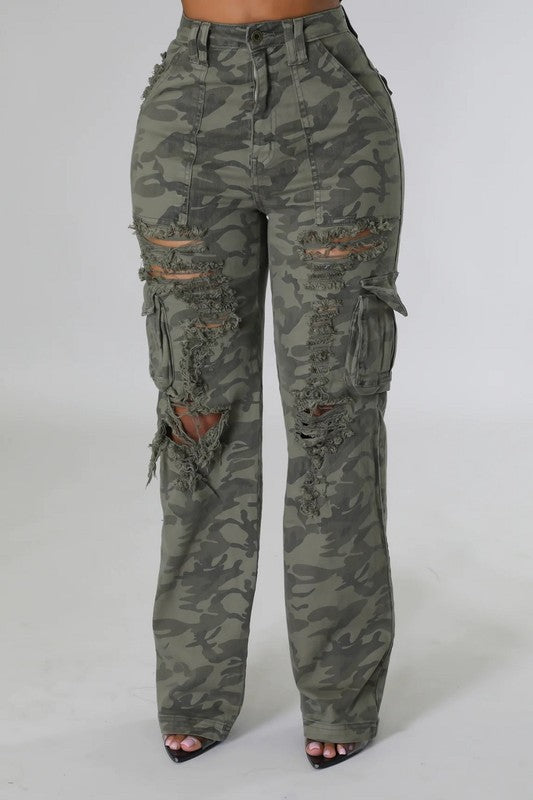 High Rise Green Camo Destroyed Cargo Pants - PRIVILEGE 