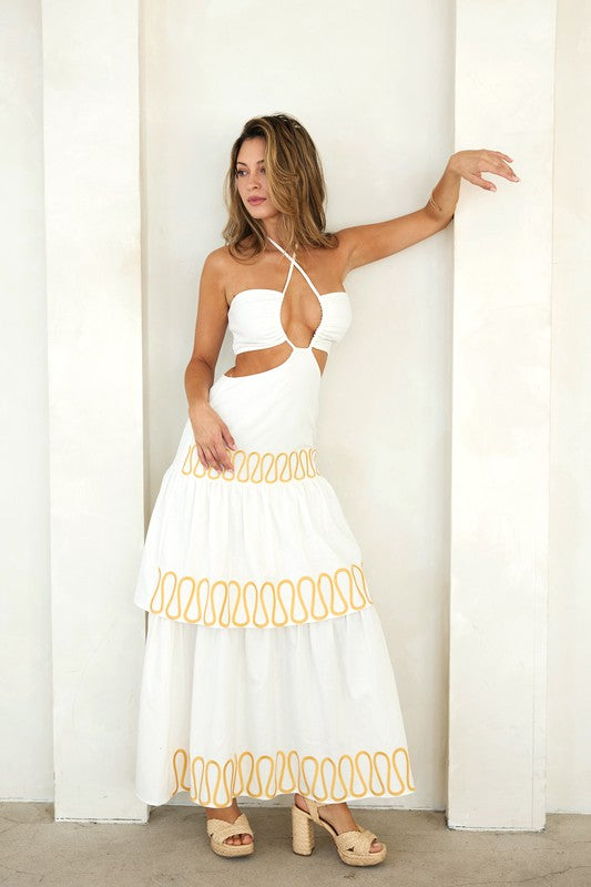 Cut-out Halter Maxi Dress With Embroidery - PRIVILEGE 