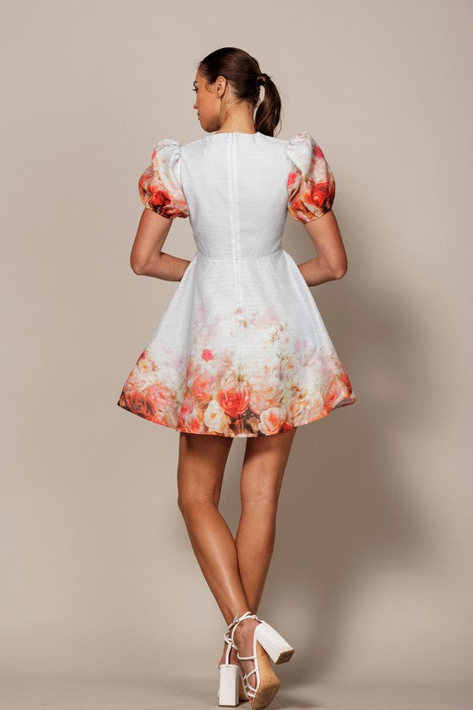 FLORAL PRINT PLUNGE NECK DRESS WITH PUFF SLEEVES - PRIVILEGE 