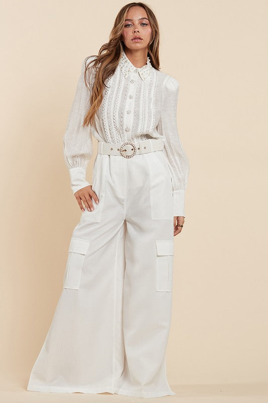 White Classy and Comfortable Delicate Lace Cargo pant and top - PRIVILEGE 