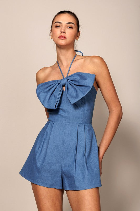 DENIM SLEEVELESS ROMPER WITH EXAGERATED FRONT BOW - PRIVILEGE 