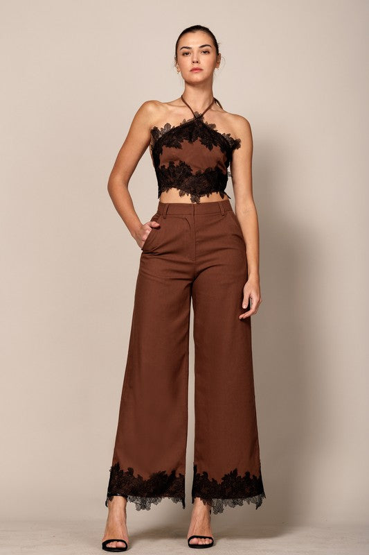 CROP TOP WITH LACE DETAILA WITH FLARE PANTS - PRIVILEGE 
