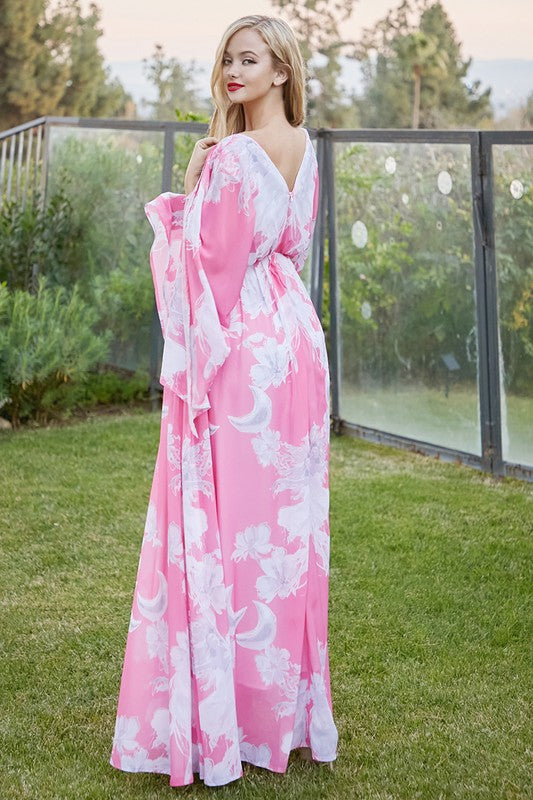 Floral Dream Pink Print Dress for Elegance with dolman sleeves and open sides - PRIVILEGE 