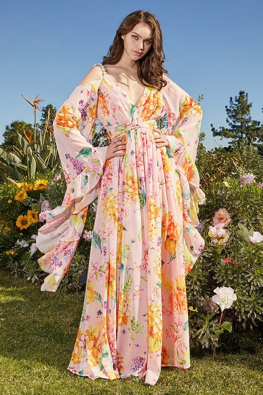 Peachy Bloom Floral Print Dress for Elegance - PRIVILEGE 