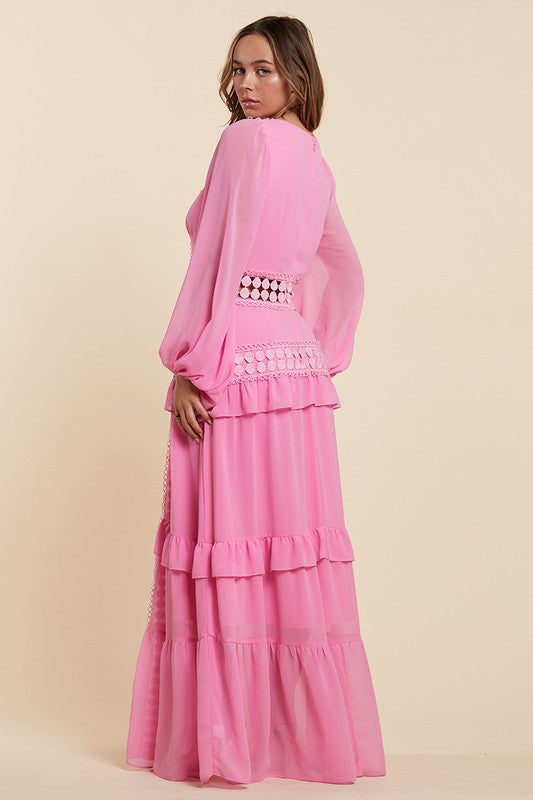 Pleated Perfection Maxi Dress Blushing Pink Lace - PRIVILEGE 