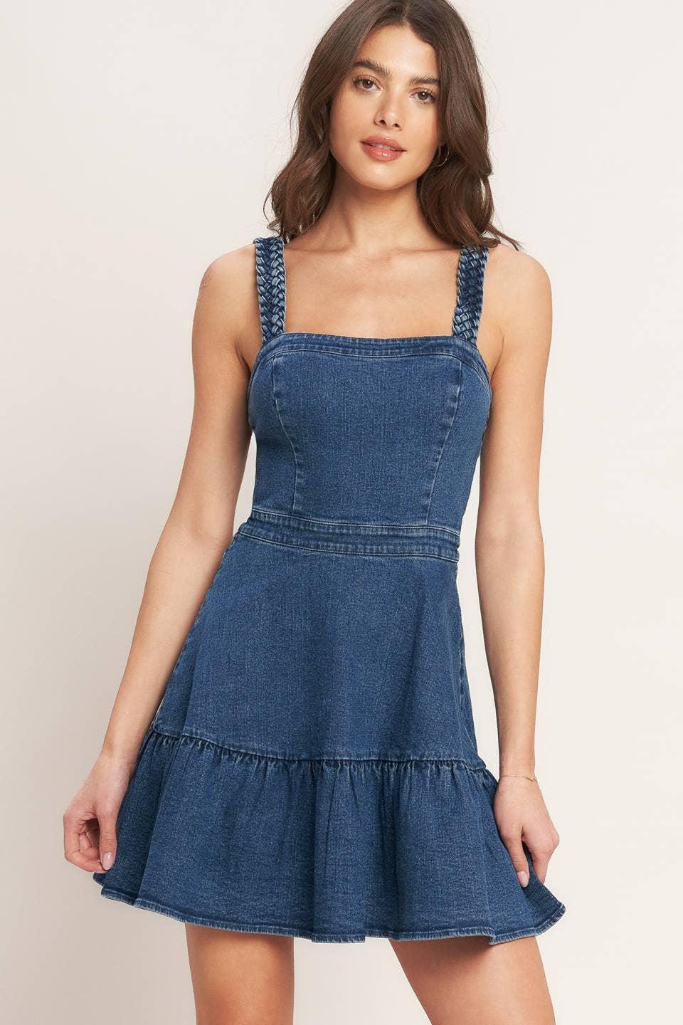Washed Denim Mini Dress | Braided Straps & Ruffled Hem