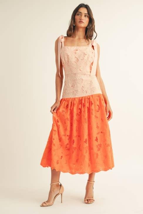 Shoulder Tie Ruffle Bottom Color Block Midi Dress Large / orange