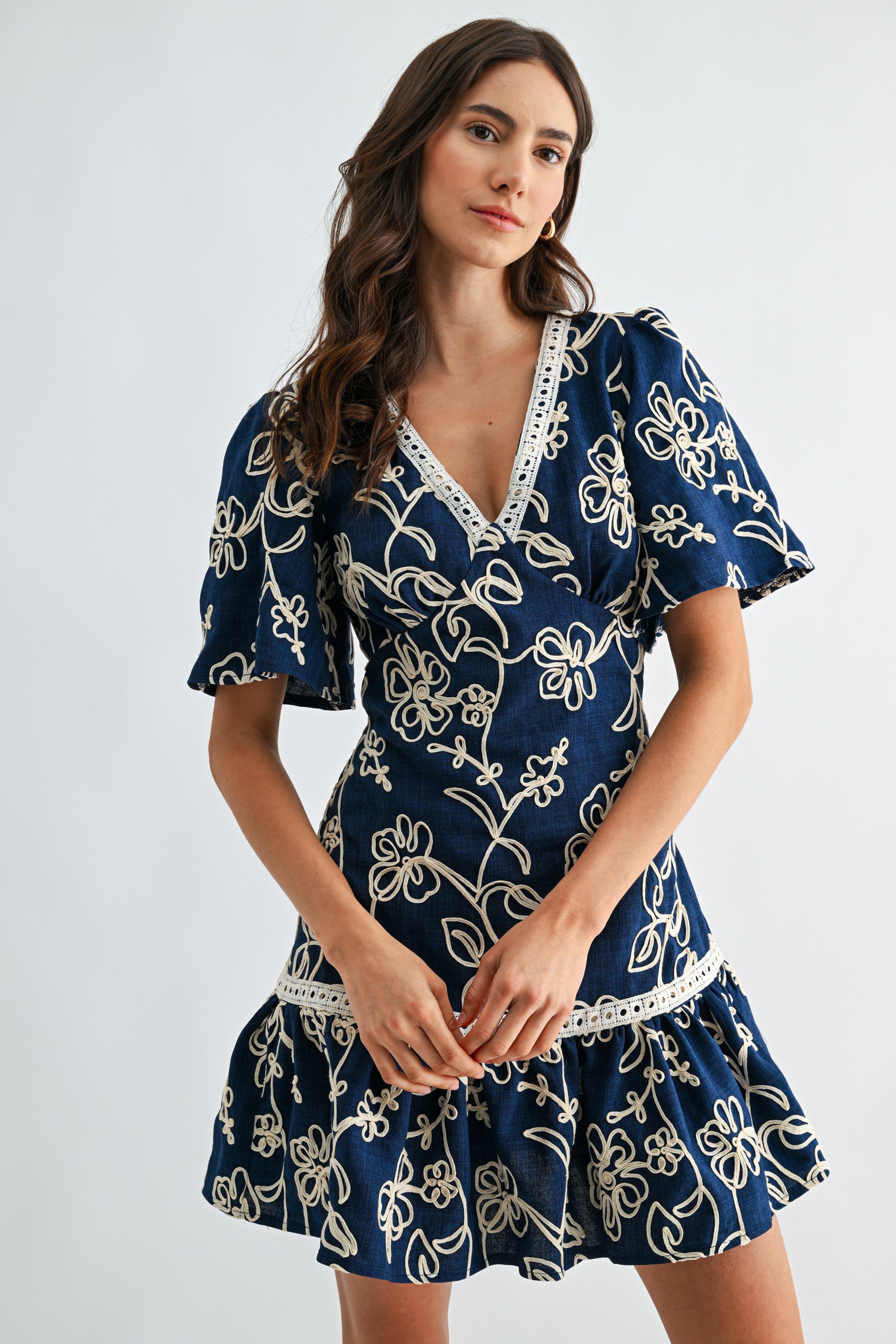 Navy Amelia Embroidery Mini Dress | Floral Flutter Sleeve