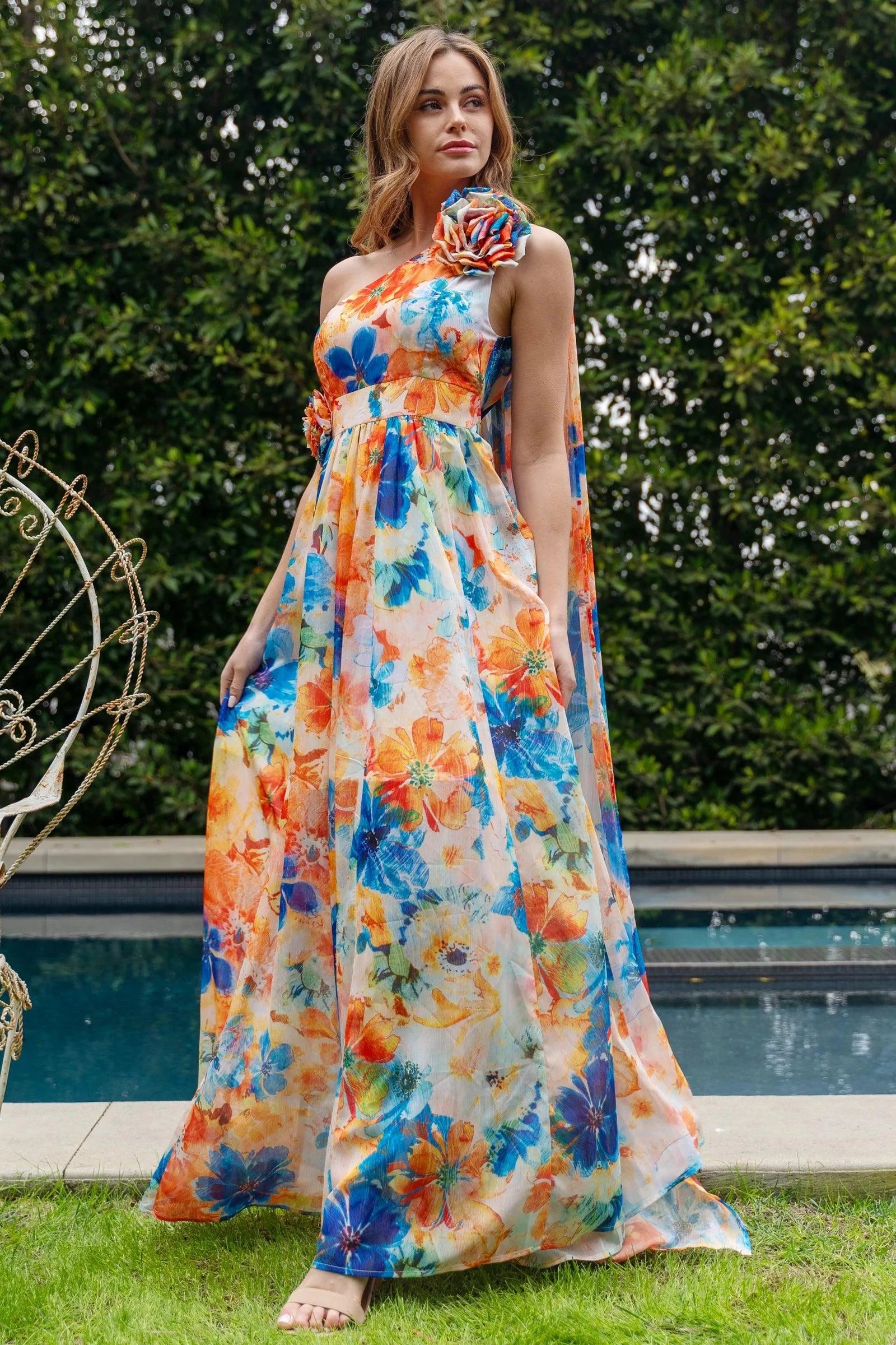 ONE SHOULDER FLORAL MAXI DRESS LARGE