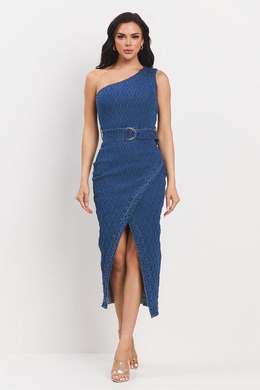 ONE SHOULDER DENIM MIDI DRESS