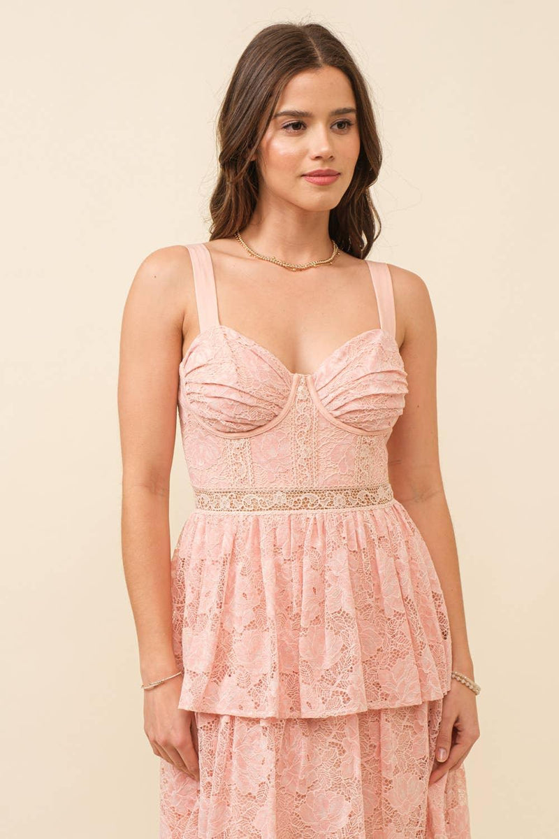 Blush Pink Lace Tiered Midi Dress