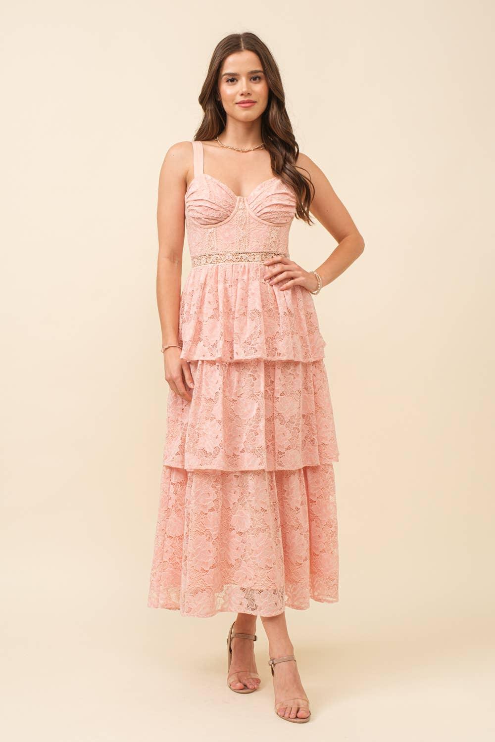 Blush Pink Lace Tiered Midi Dress