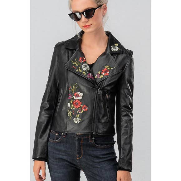 Embroidered Patch Faux Leather Biker Jacket - PRIVILEGE 