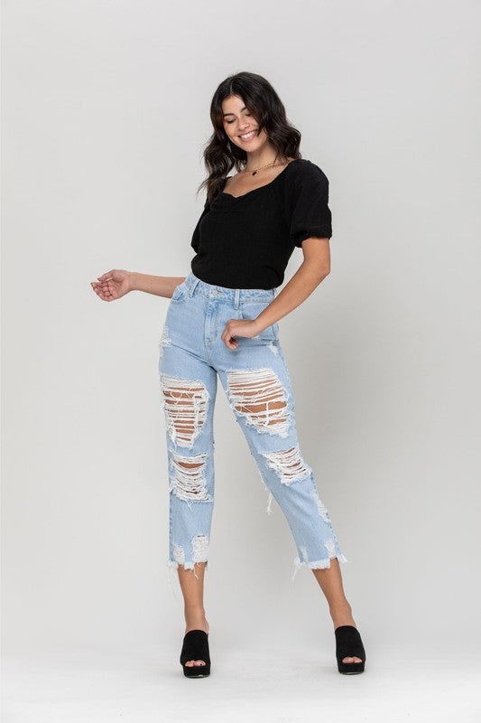 High Rise All Over Distress Straight JEANS - PRIVILEGE 