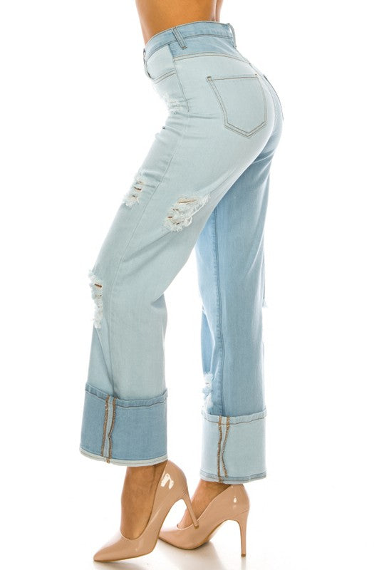 HIGH RISE TWO TONED PANEL LOOSE LEGGED JEANS - PRIVILEGE 