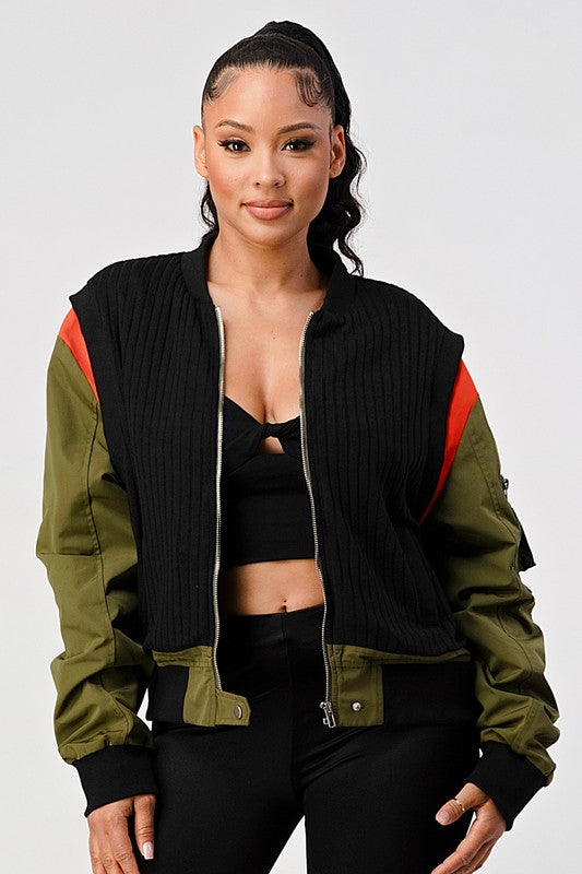 RIBBED BOMBER JACKET WITH SLEEVE POCKETS - PRIVILEGE 