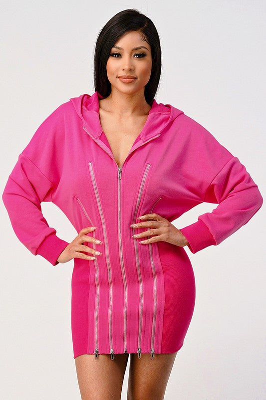 Casual zipper detail pink hoodie zip up dress - PRIVILEGE 
