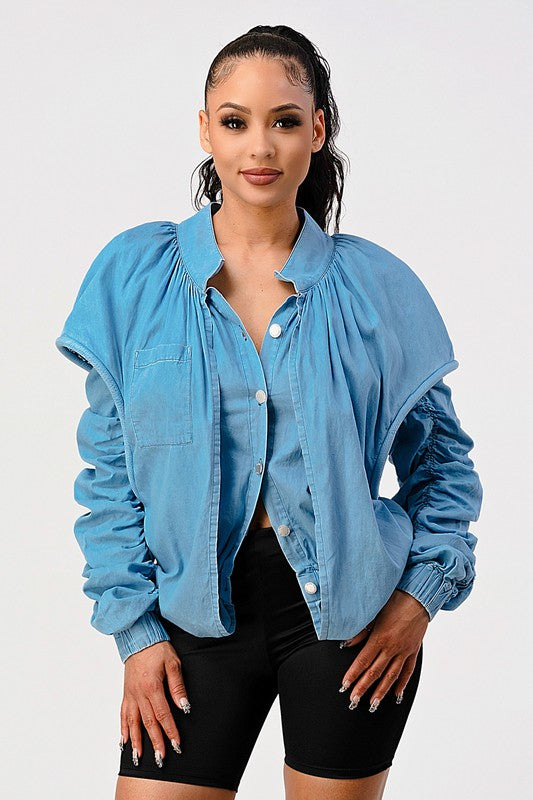 PUFF SHOULDER CASUAL DOUBLE LAYER SLEEVE JACKET - PRIVILEGE 