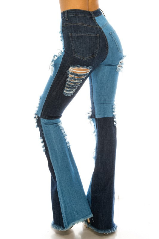 HIGH RISE COLOR BLOCK BOOT CUT JEANS W/ FRONT & BACK PANEL - PRIVILEGE 