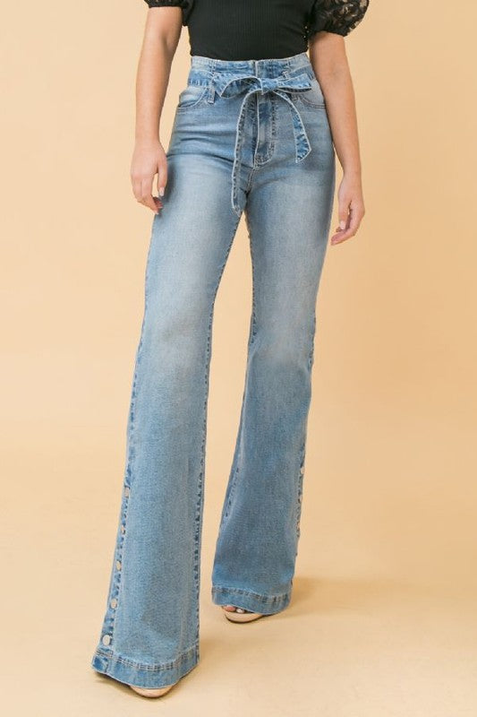 washed denim pant with snap detail - PRIVILEGE 