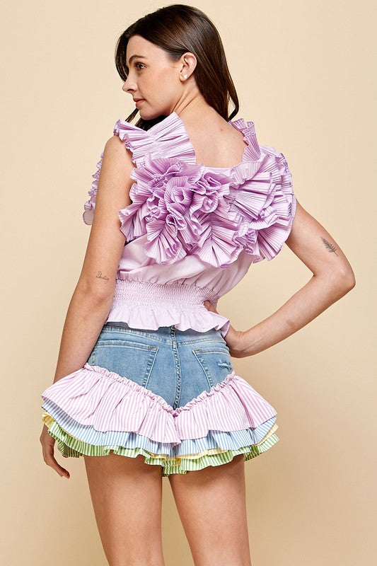 Layered ruffled crop top with ruched around torso. - PRIVILEGE 