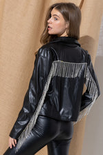 Faux-Leather Moto Jacket with Rhinestone Fringe Back Detail - PRIVILEGE 