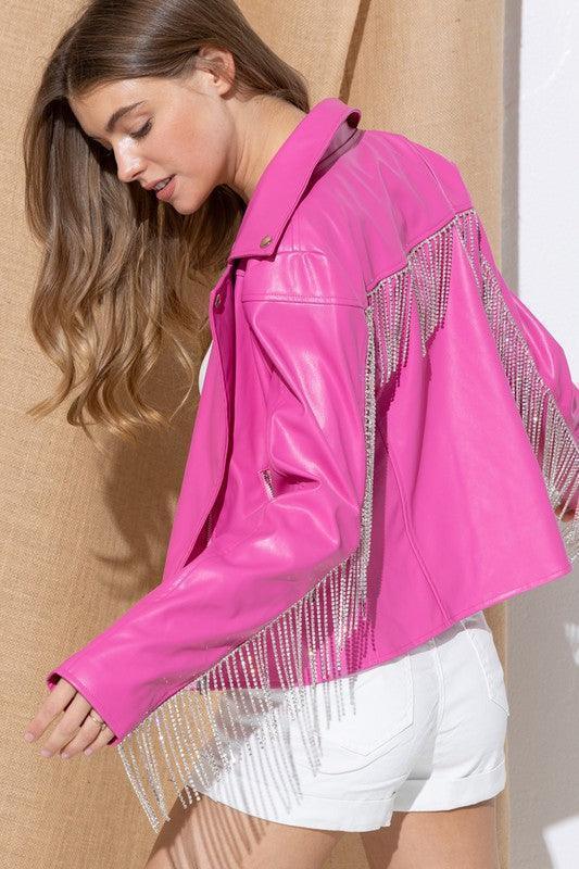 Faux-Leather Moto Jacket with Rhinestone Fringe Back Detail