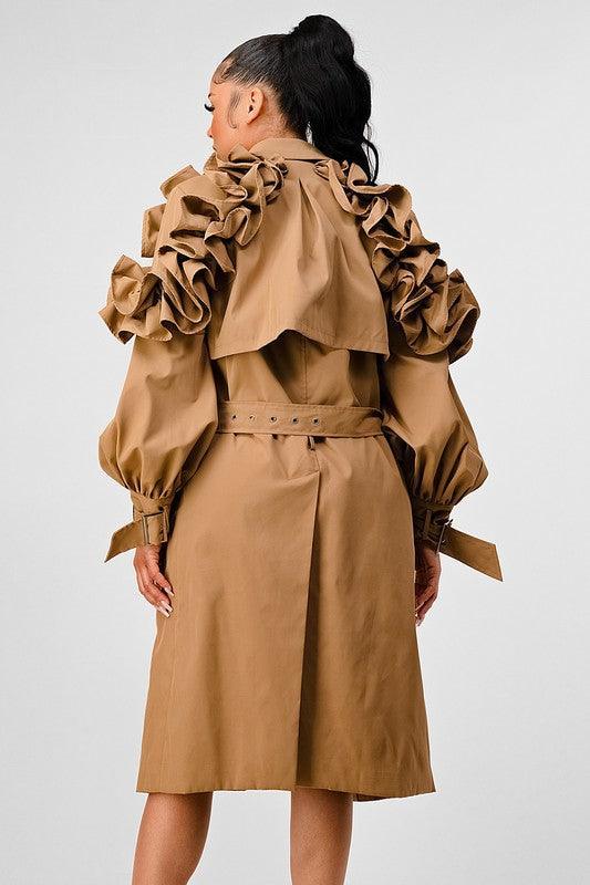 Dramatic Ruffle Shoulder Trench Coat