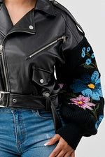 EMBROIDERY FLORAL SLEEVE FAUX LAETHER  JACKET - PRIVILEGE 