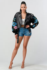 EMBROIDERY FLORAL SLEEVE FAUX LAETHER  JACKET - PRIVILEGE 