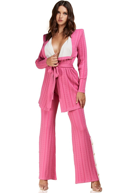 PINK CABLE KNIT TWO PIECE PANT SET - PRIVILEGE 