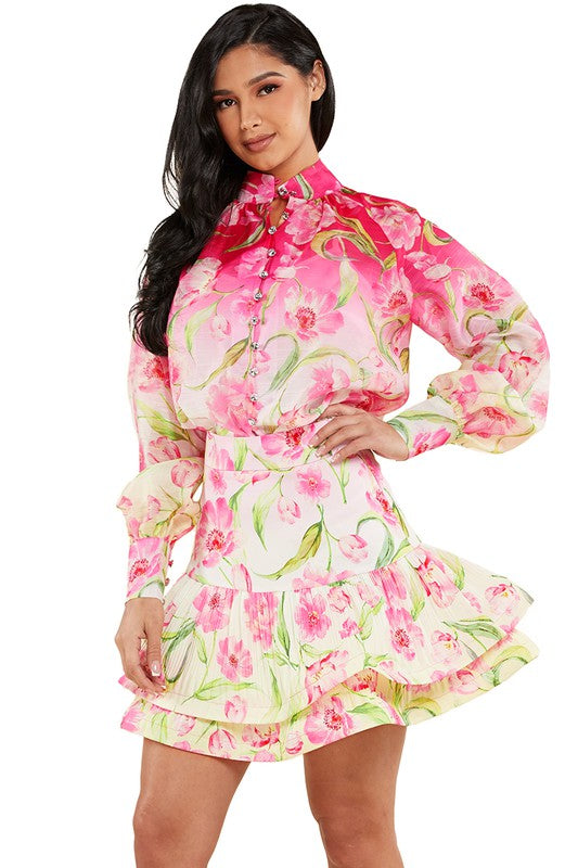 FLORAL 2 PC SKIRT AND BLOUSE SET - PRIVILEGE 