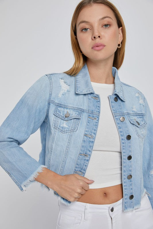 Mid Length Denim Jacket with All Over Fray Edges - PRIVILEGE 