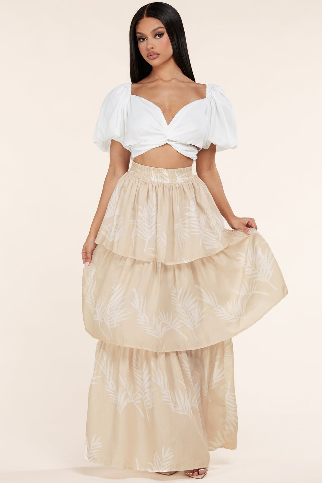 WHITE /NATURAL LEAF 2PC SKIRT AND CROP TOP - PRIVILEGE 