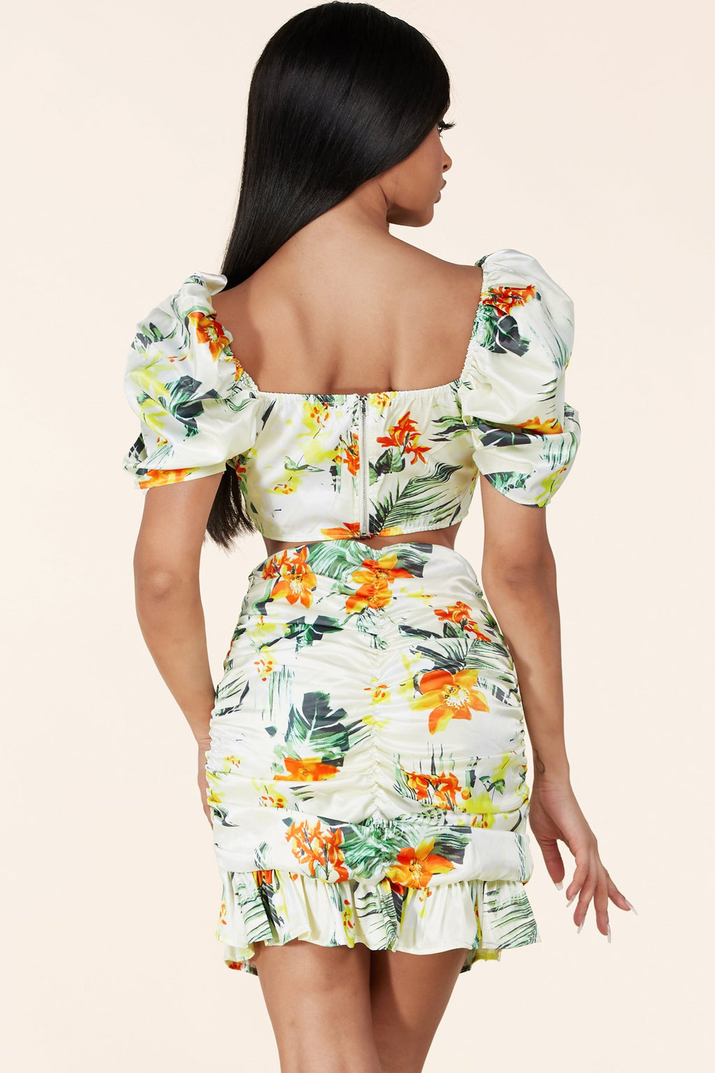 TROPICAL FLORAL PUFF SLEEVE CROP TOP WITH SKIRT - PRIVILEGE 