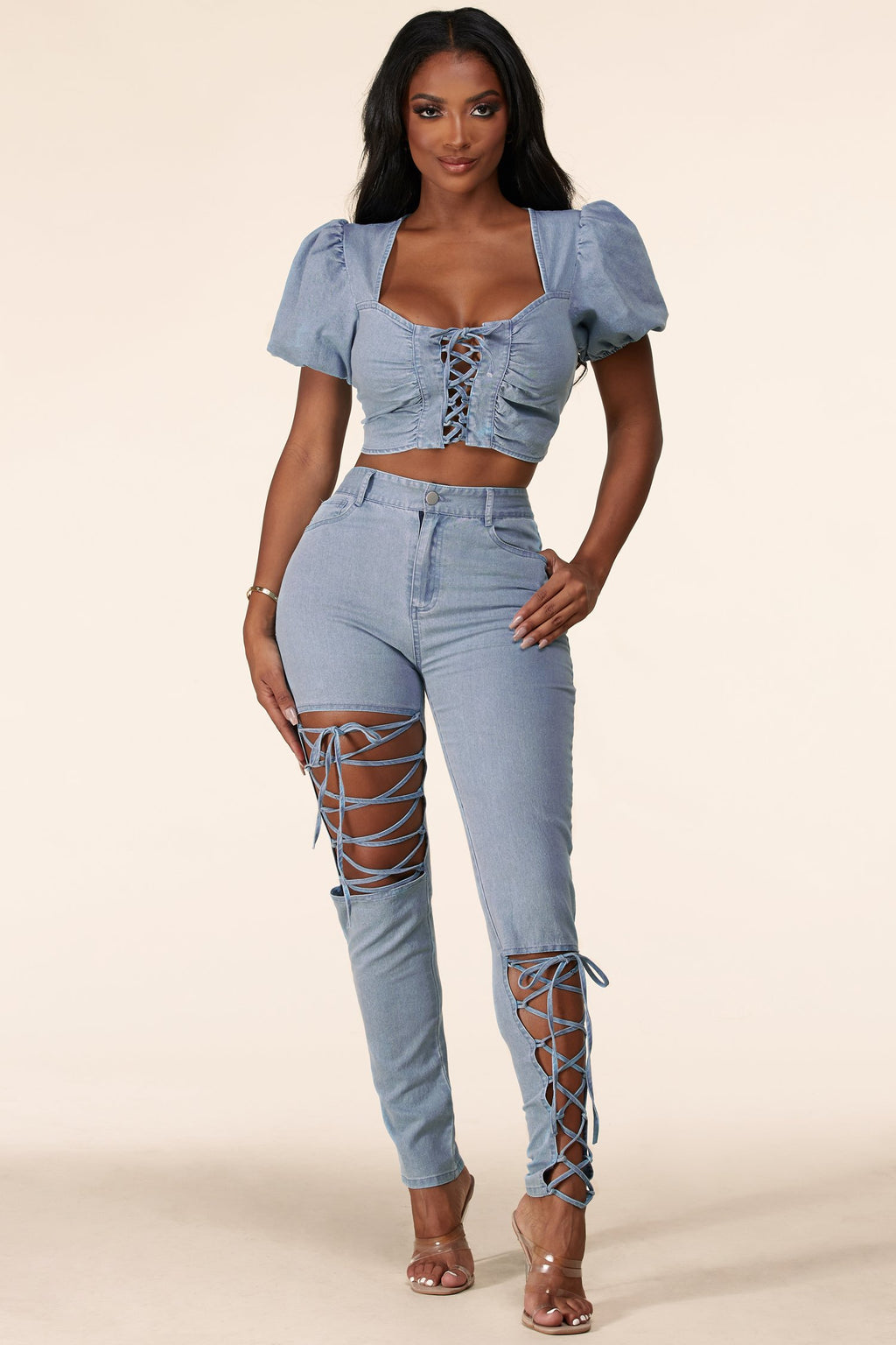 Two piece crop top with puffy sleeves and drawstring pant - PRIVILEGE 
