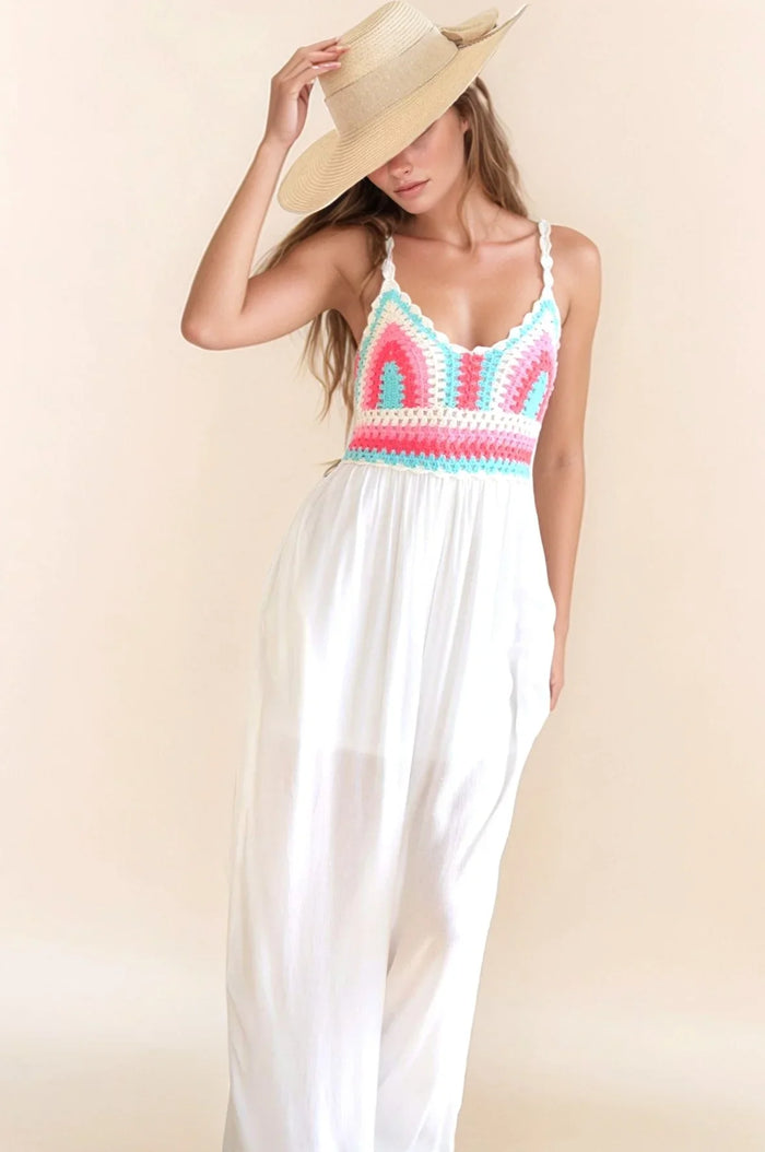 Crochet Bodice Open Tie Back Wide Leg Jumpsuit