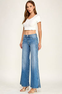 Mid Rise Wide Leg Jeans with Side Seam Detail — Medium Wash
