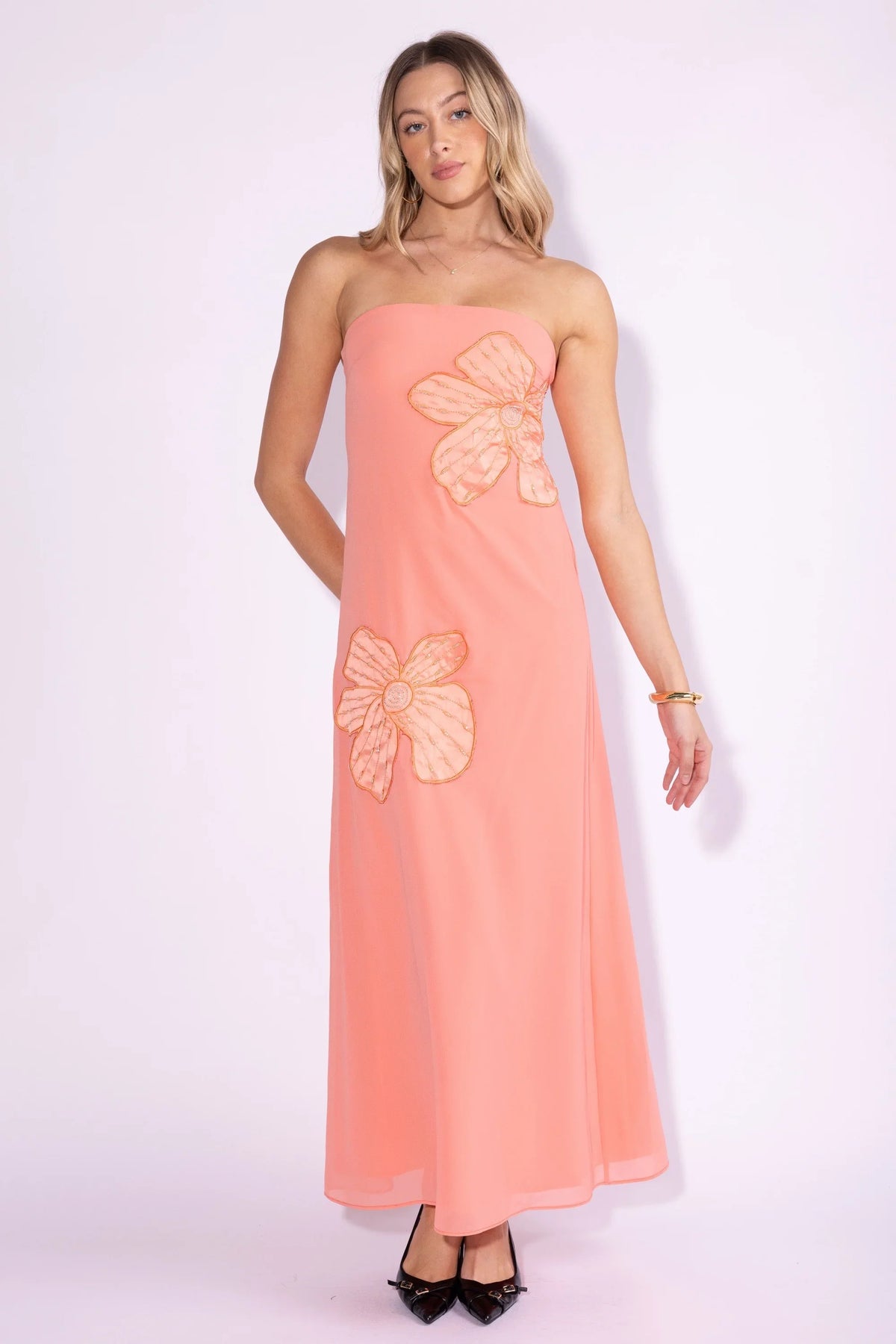 Strapless Maxi Dress With Satin Floral Patch
