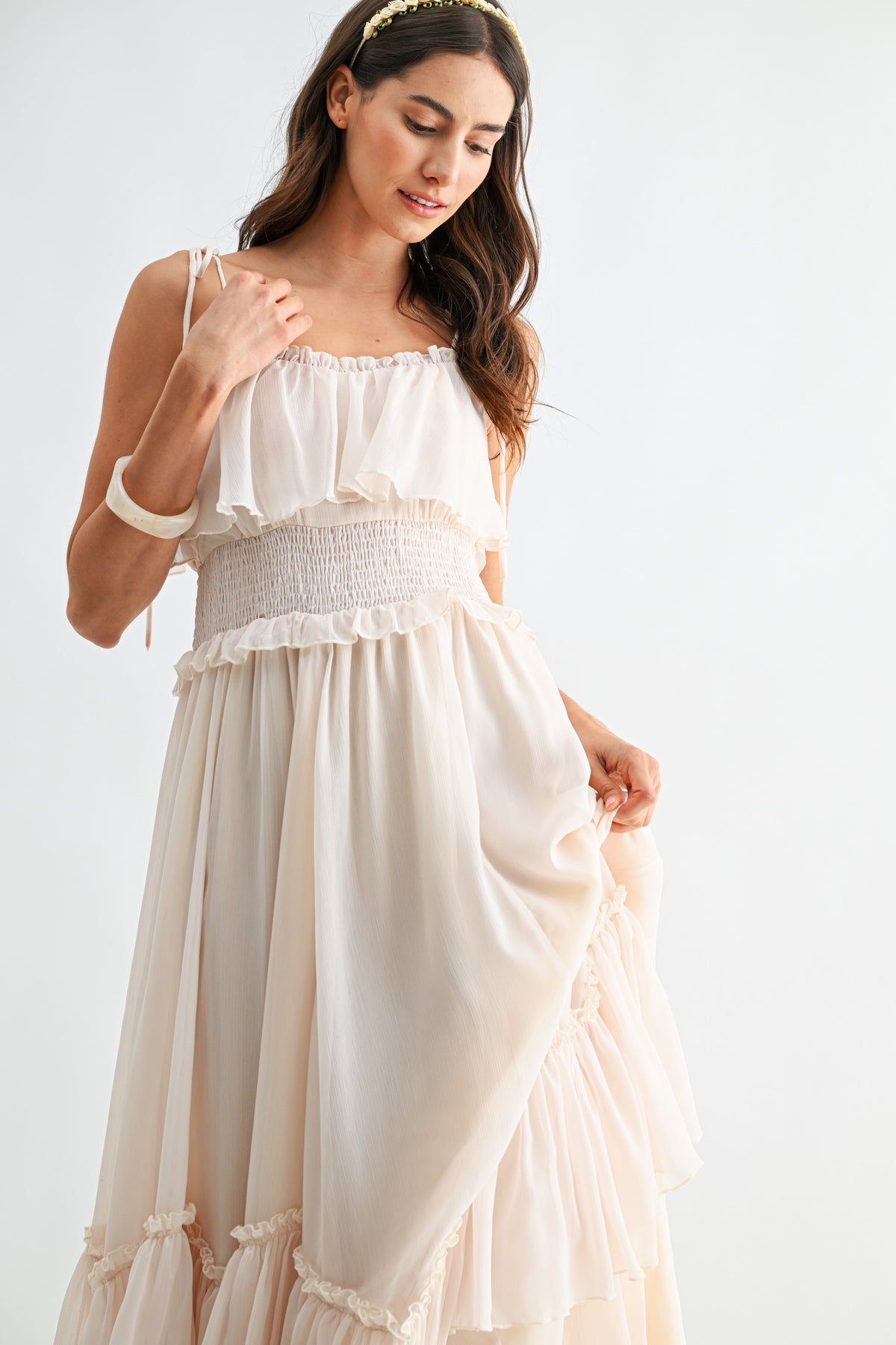 SMALL Tiered Chiffon Maxi Dress with Ruffle Detailing
