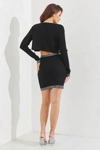 BANDAGE CROP JACKET BRA AND MINI SKIRT SET WITH RHINESTONE PRIVILEGE