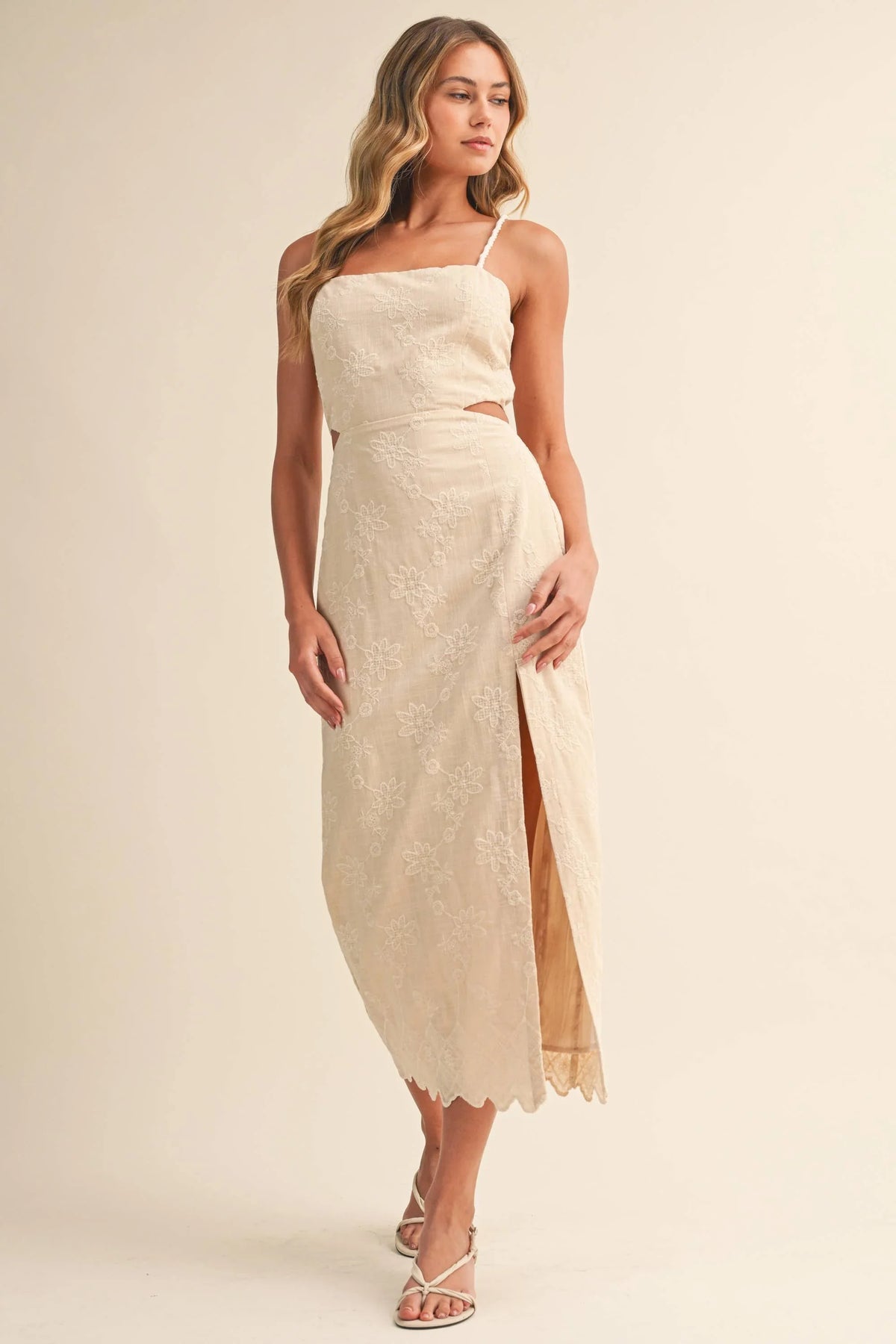 Strap Trim Midi Dress with Cut-Out Waist & Open Back
