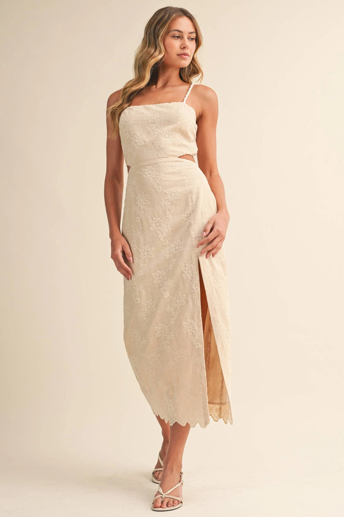Strap Trim Midi Dress with Cut-Out Waist & Open Back